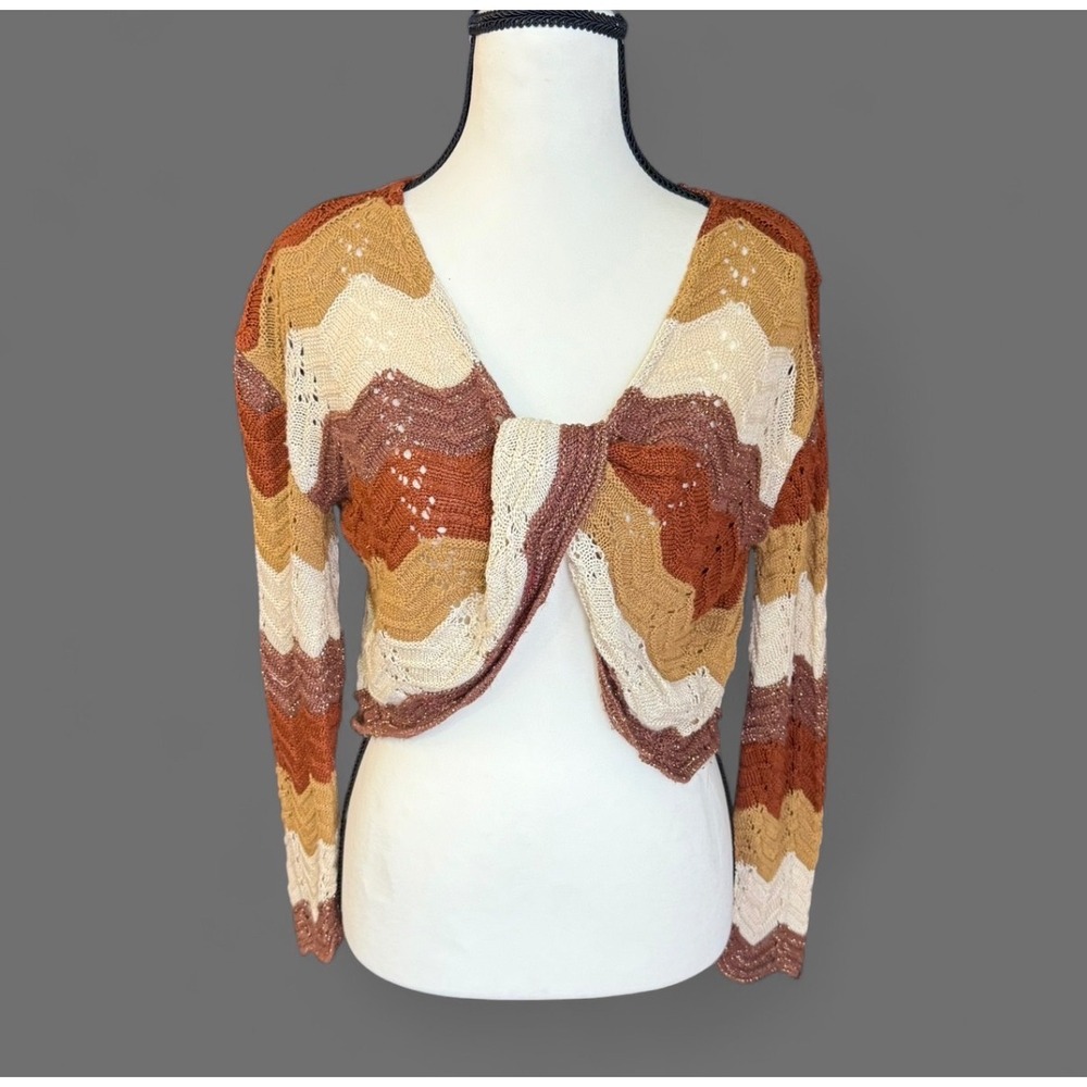 Vintage Dressbarn Brown and Tan Twist Crochet Cropped Cardigan
